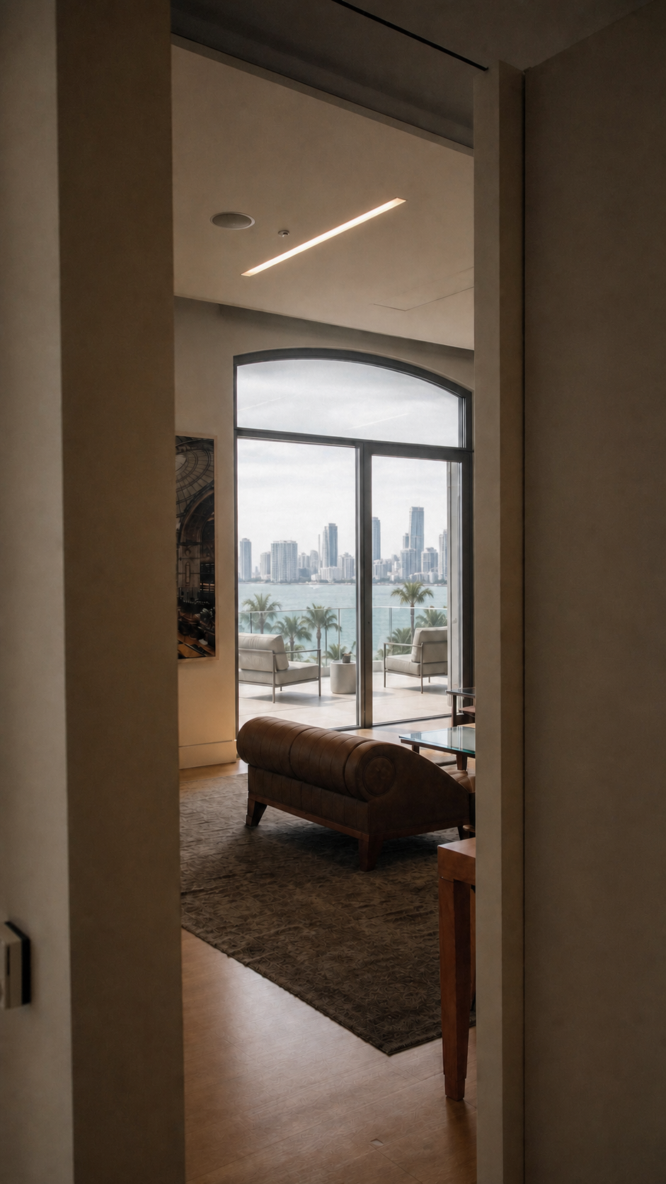 Contemporary Miami waterfront residence with a modern balcony and Brickell skyline view